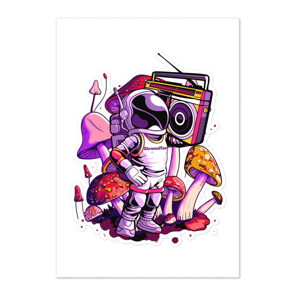 Colorful illustration of an astronaut with a boombox and mushrooms on a white background