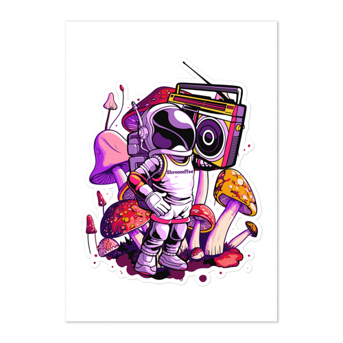 Colorful illustration of an astronaut with a boombox and mushrooms on a white background