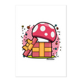 Illustration of a pink gift box with a polka dot mushroom on a white background