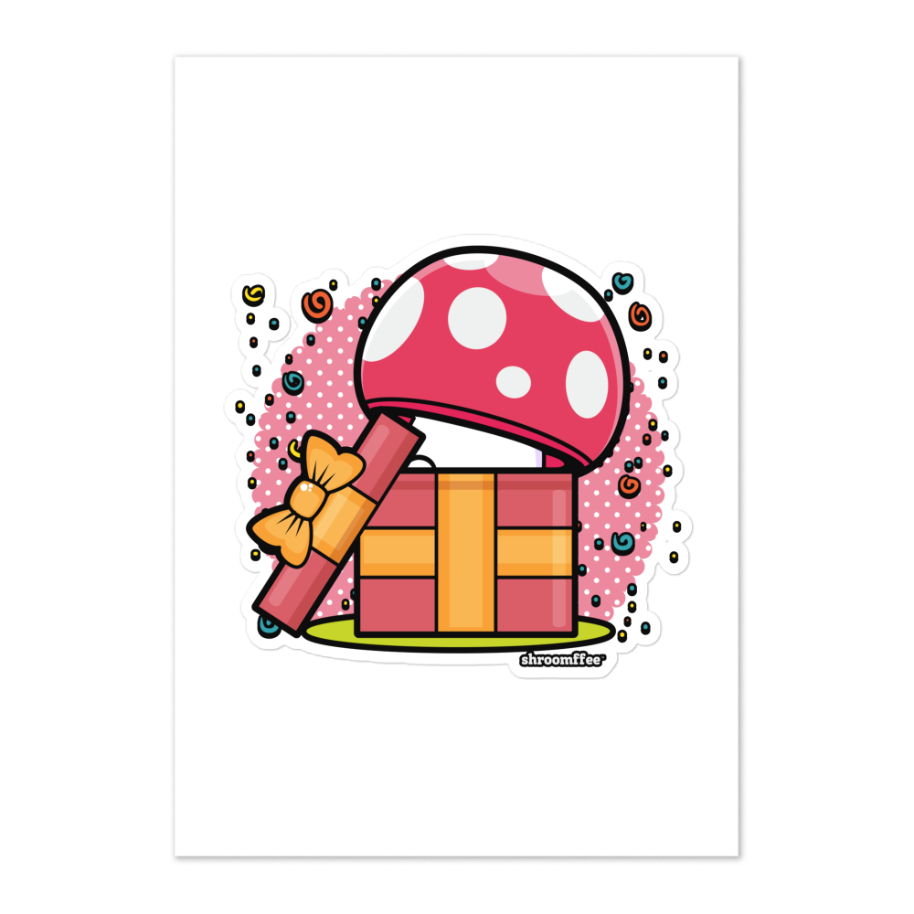 Illustration of a pink gift box with a polka dot mushroom on a white background