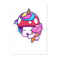 Cartoon character with a mushroom and unicorn head holding an ice cream cone on a white background