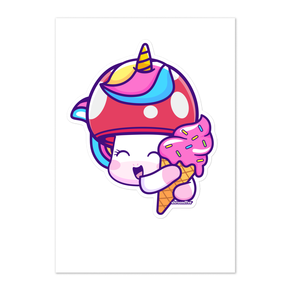 Cartoon character with a mushroom and unicorn head holding an ice cream cone on a white background