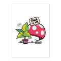 Cartoon mushroom with a speech bubble saying 'Talk to Me' next to a potted plant on a white background.
