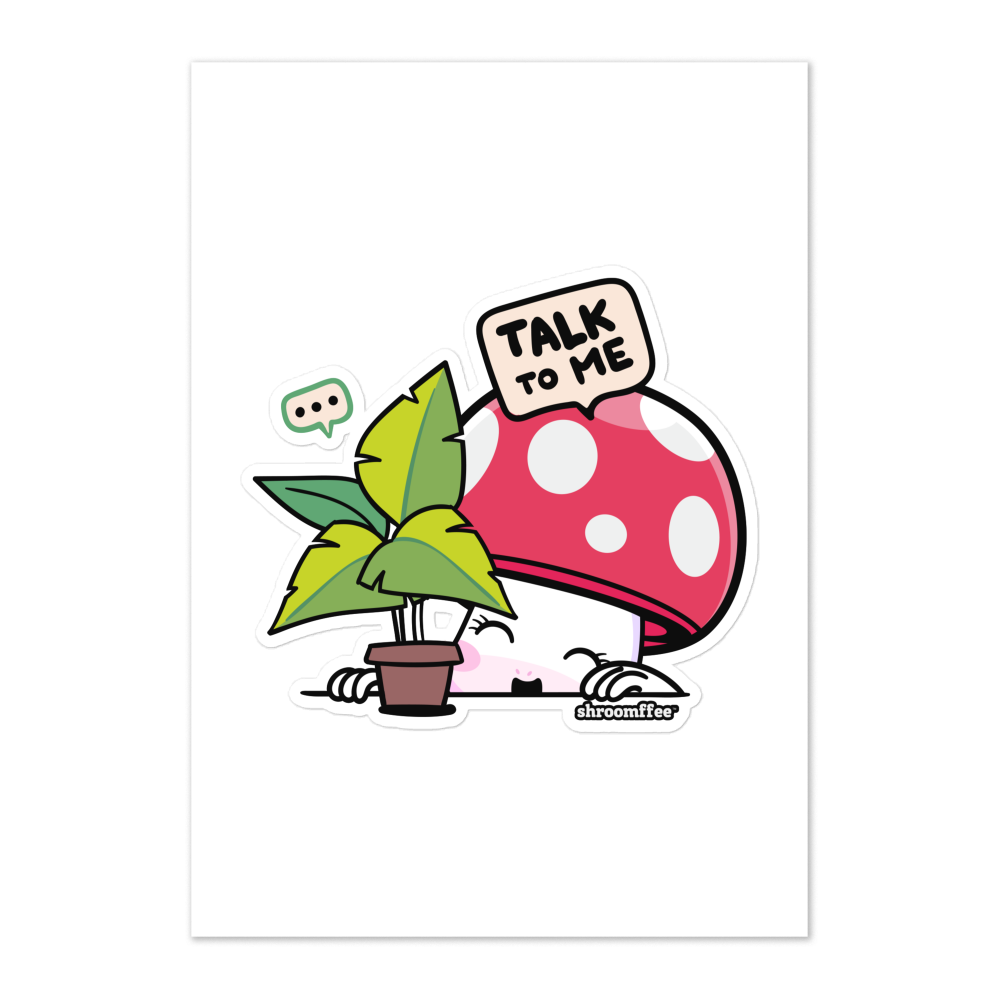 Cartoon mushroom with a speech bubble saying 'Talk to Me' next to a potted plant on a white background.