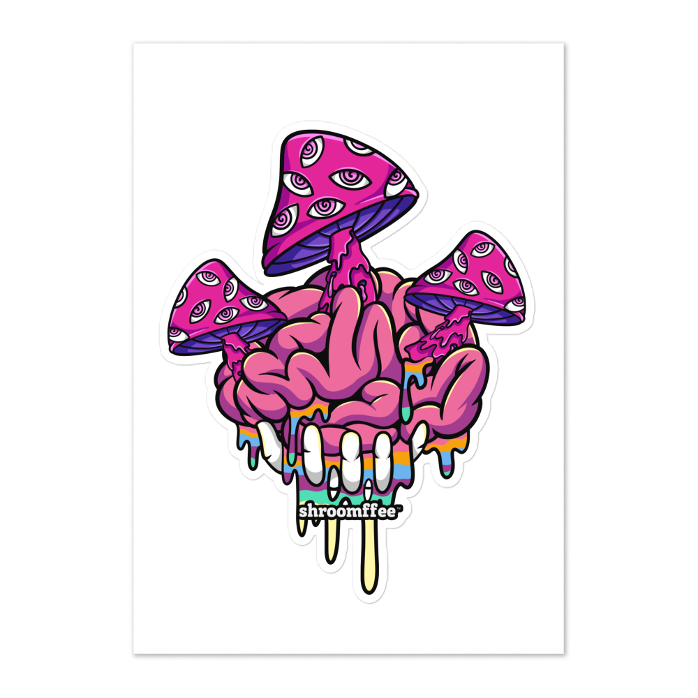 Colorful illustration of a brain with mushroom caps on a white background