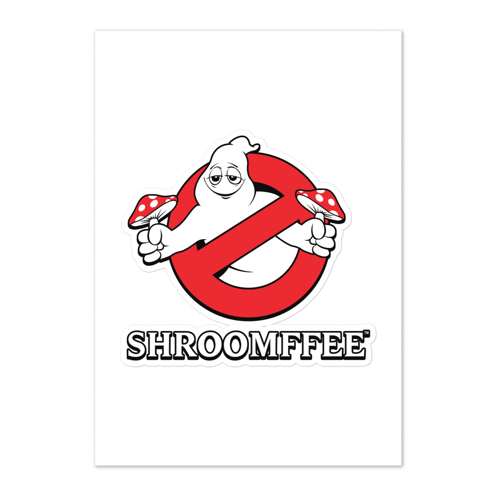 Cartoon ghost holding mushrooms with a red circle and line through it, labeled 'SHROOMIFFEE' on a white background.