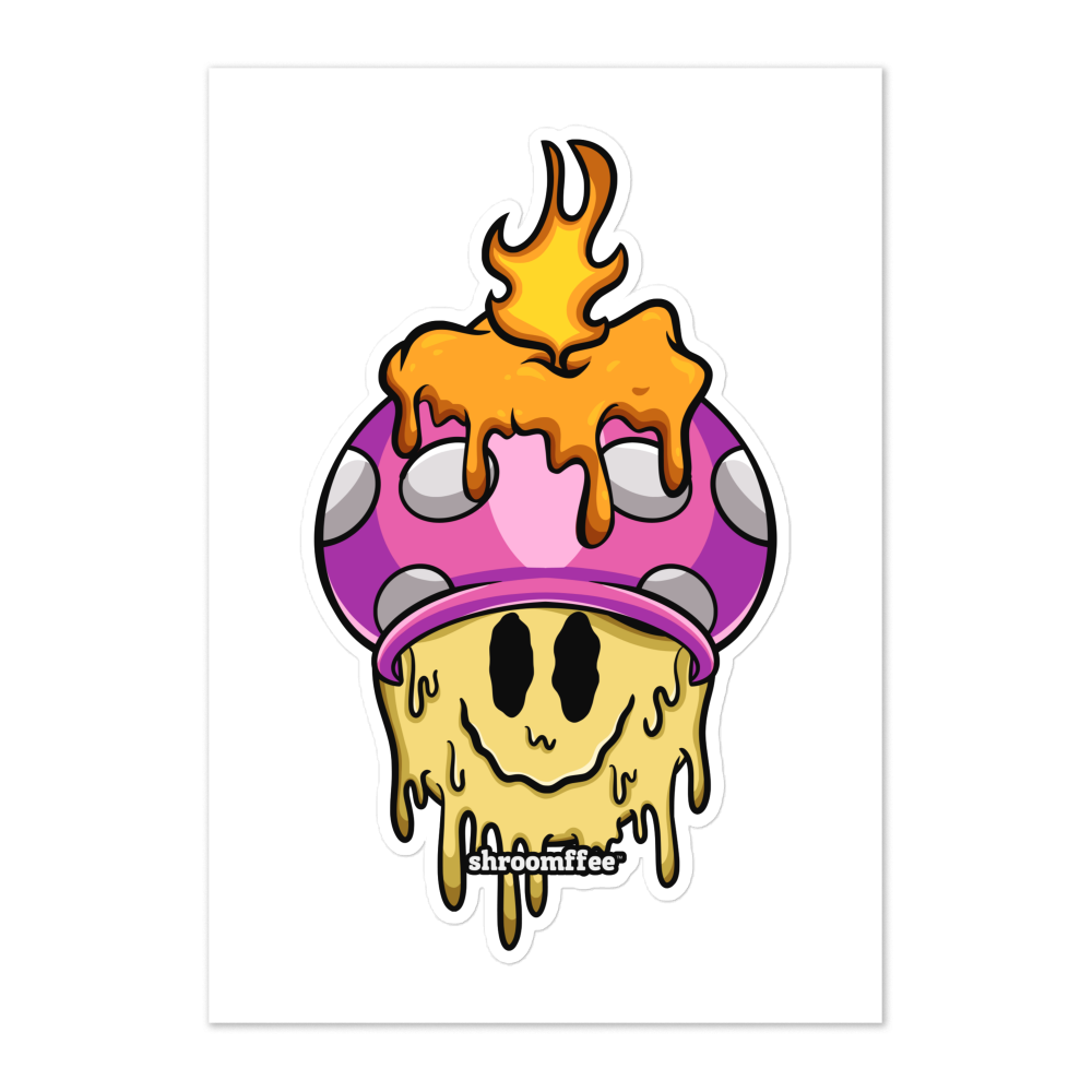 Cartoon character with a purple hat and flame on a white background