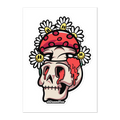 Cartoon skull with a mushroom and flowers on a white background