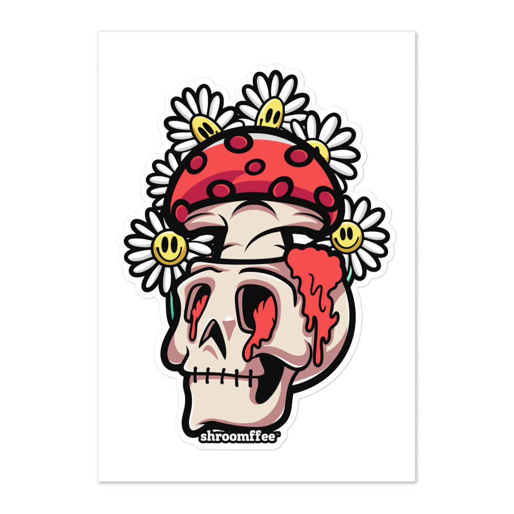 Cartoon skull with a mushroom and flowers on a white background