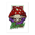 Cartoonish mushroom character with red cap and purple body on a white background