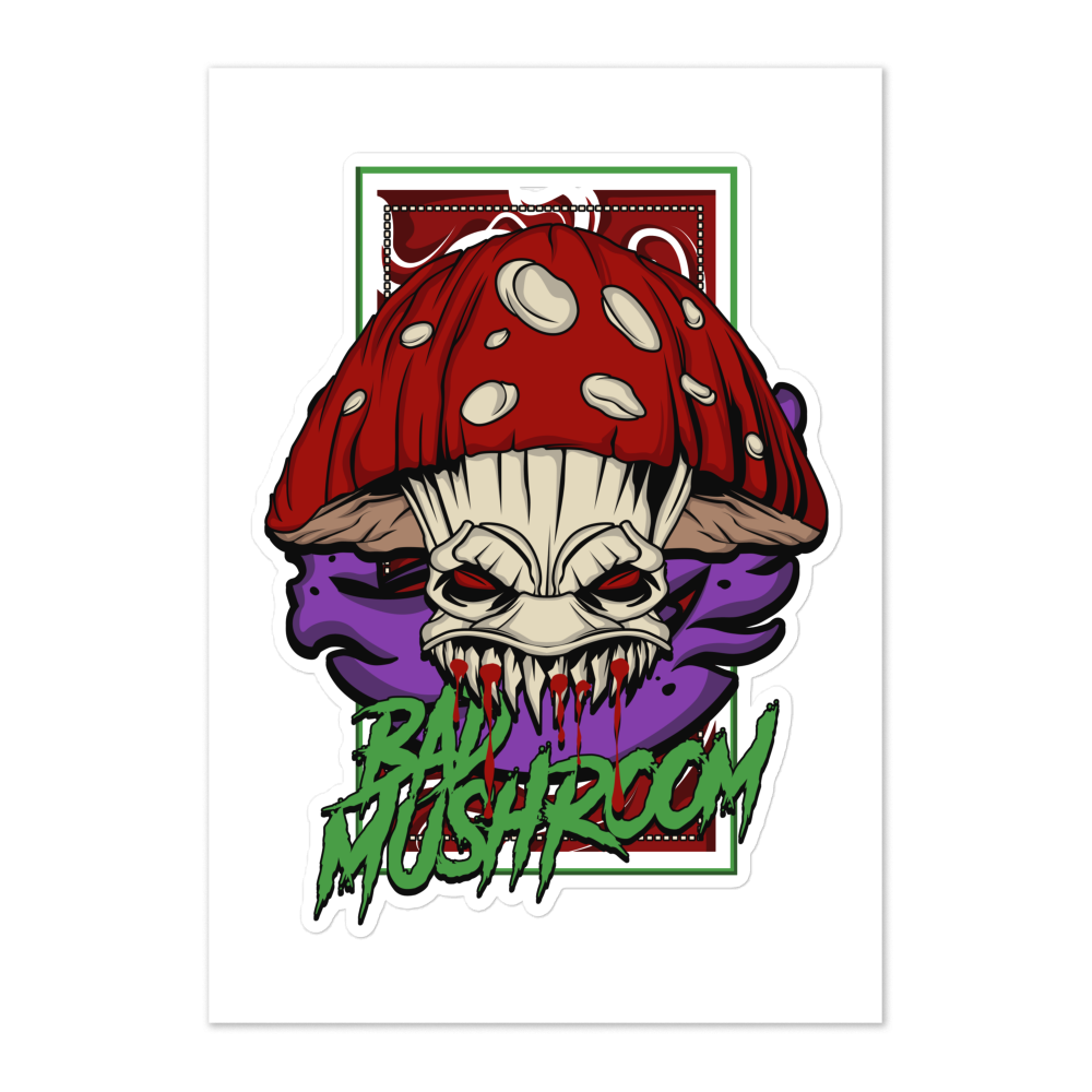 Cartoonish mushroom character with red cap and purple body on a white background