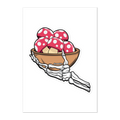 Skeleton hand holding a bowl with red polka dot mushrooms on a white background