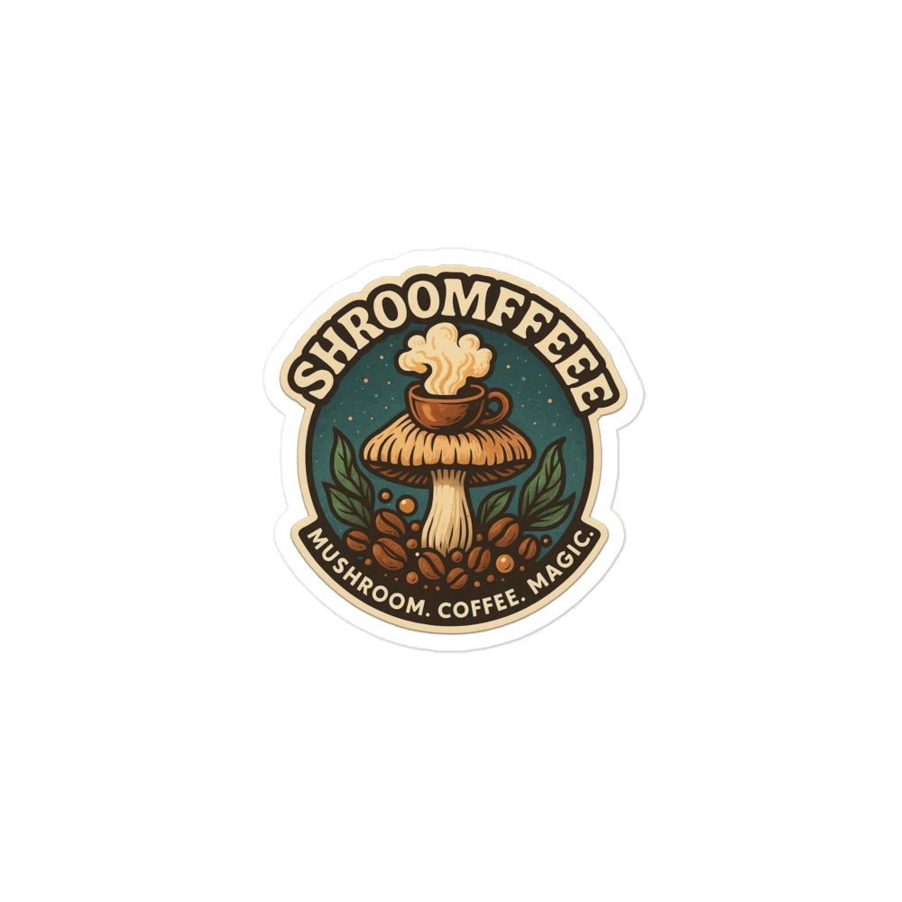 Sticker with 'Shroomffeeee' design featuring a mushroom and coffee cup on a white background