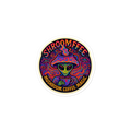 Colorful sticker with an alien holding a cup and text 'SHROOMEEFEE' on a white background