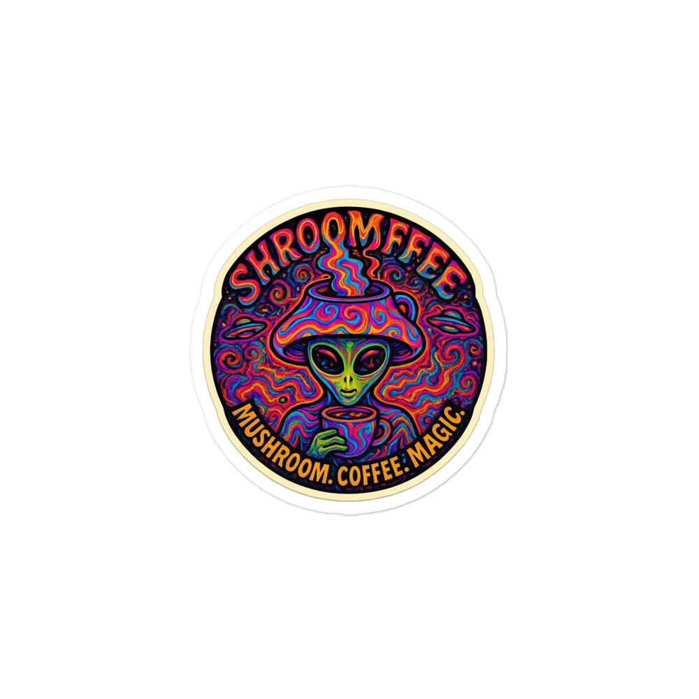 Colorful sticker with an alien holding a cup and text 'SHROOMEEFEE' on a white background