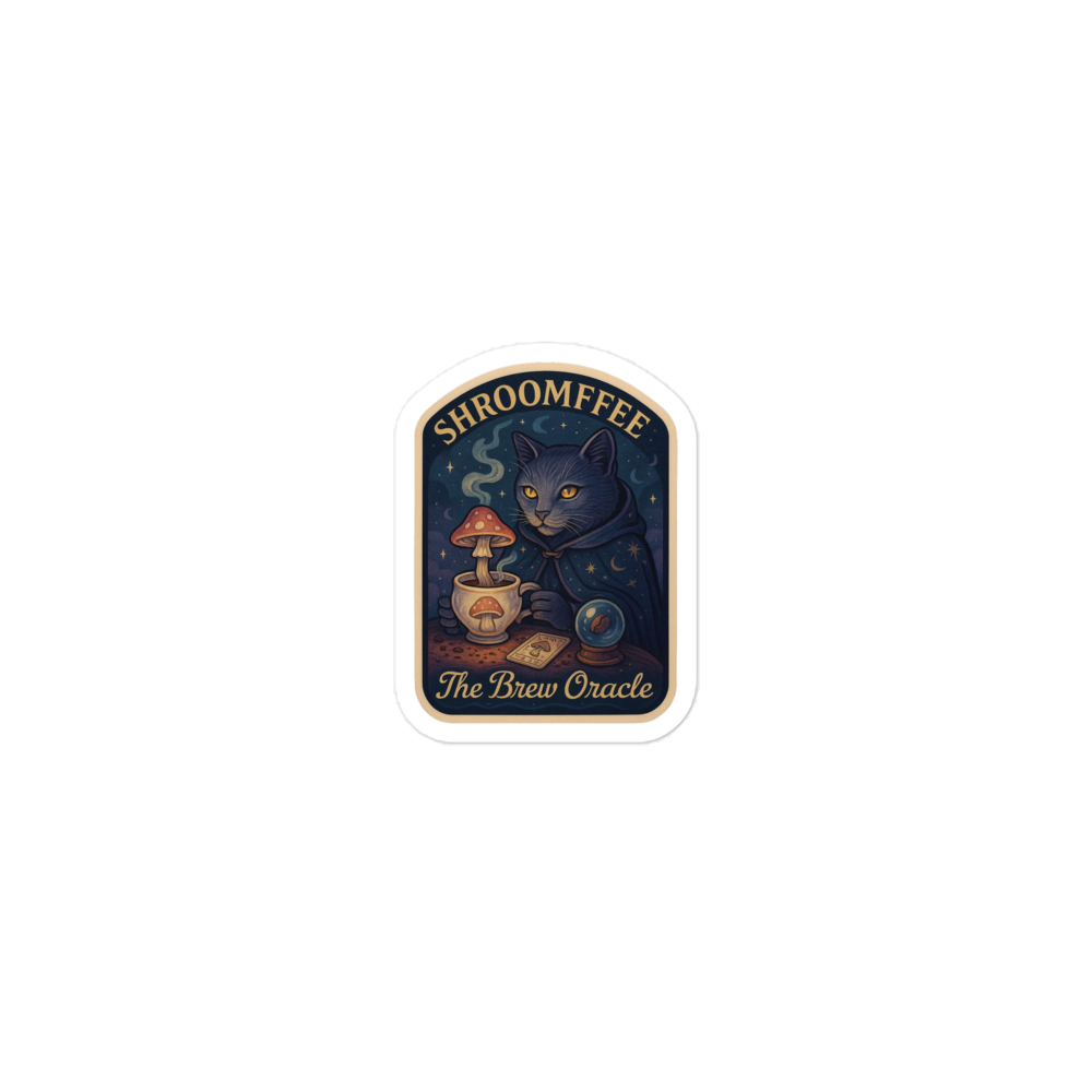 Sticker with a cat and mushroom design, featuring the text 'SHROOMFFEE The Brew Oracle' on a white background.