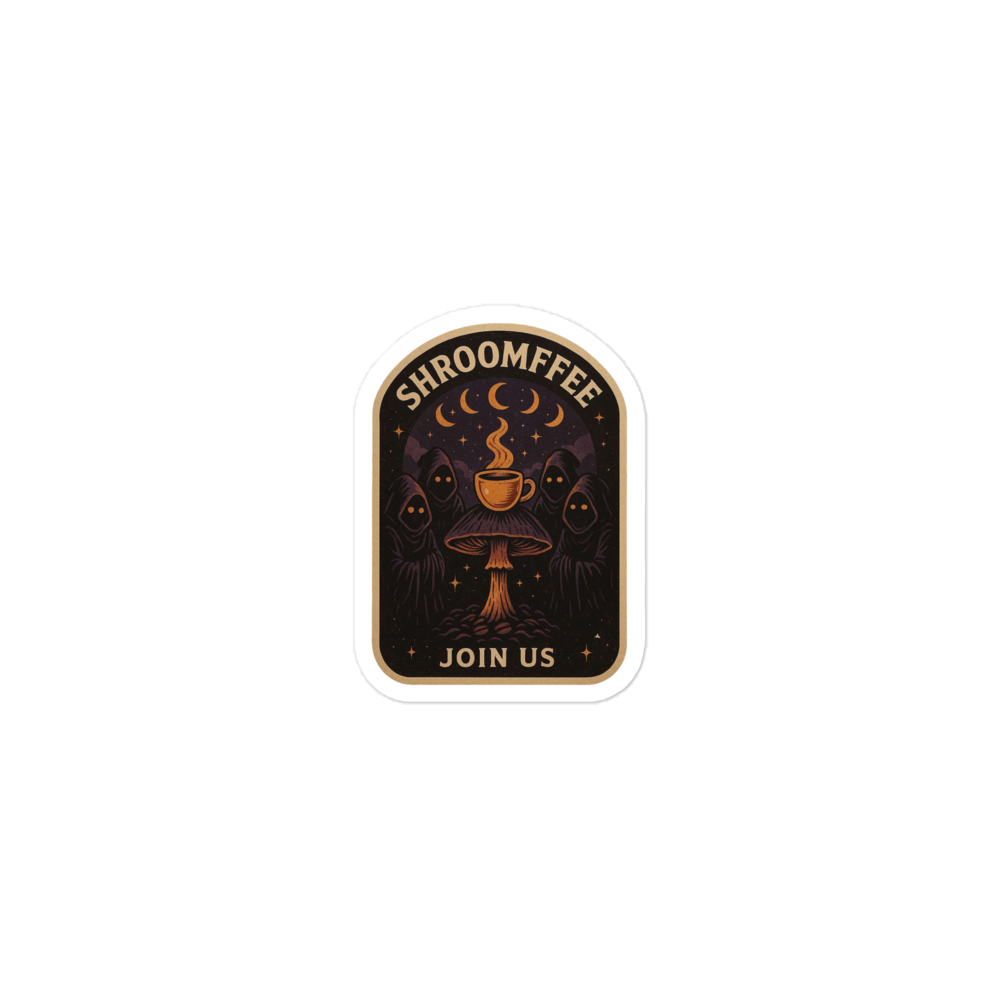 Sticker with 'SHROOMFEE' and 'JOIN US' text on a white background