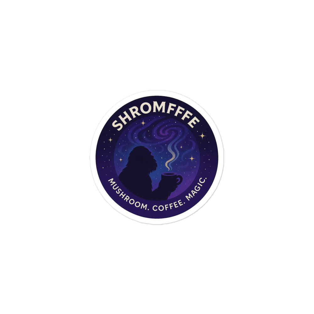 Circular sticker with silhouette and text 'SHROMFFEE' on a white background