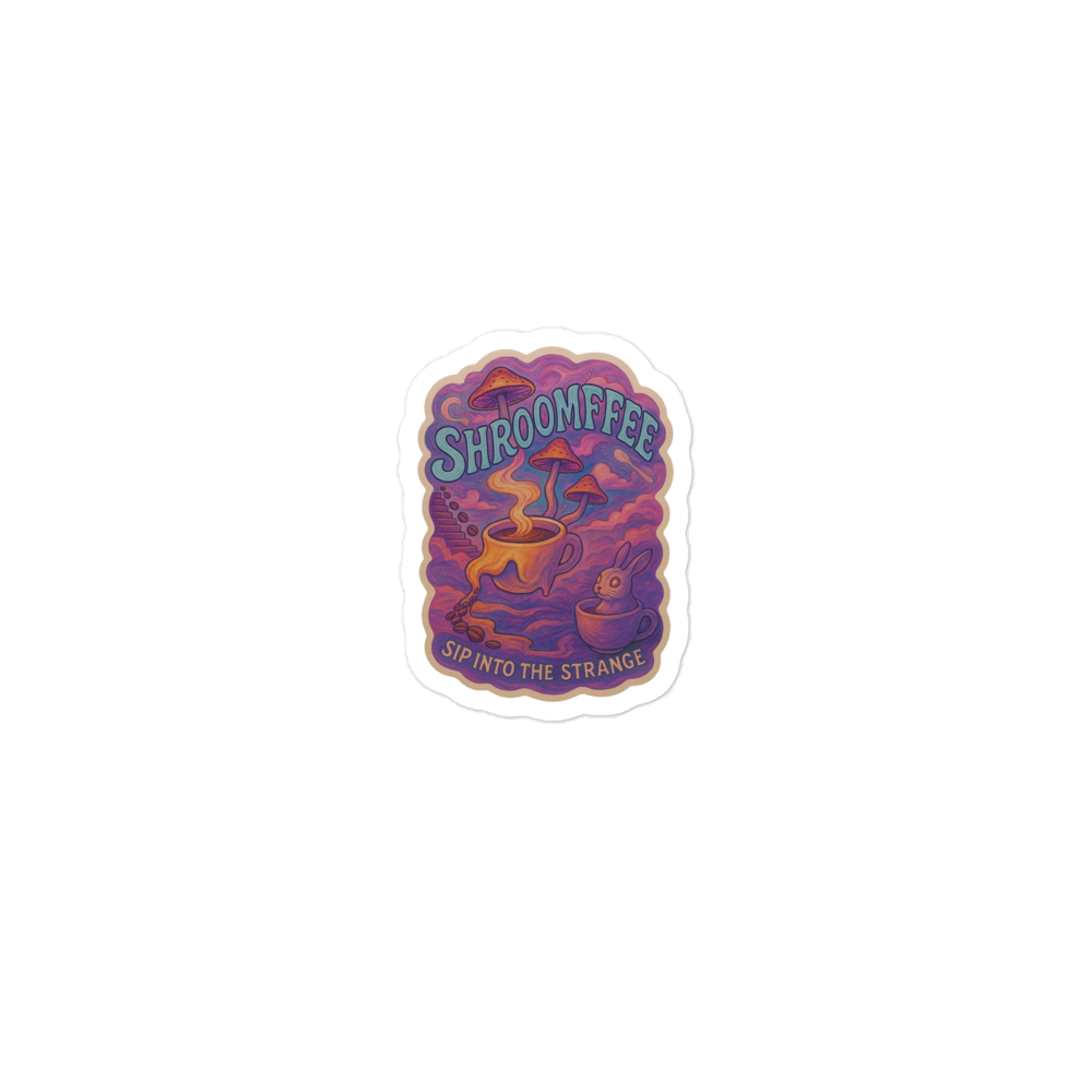 Colorful 'Shroom Fee' sticker with mushroom design on a white background