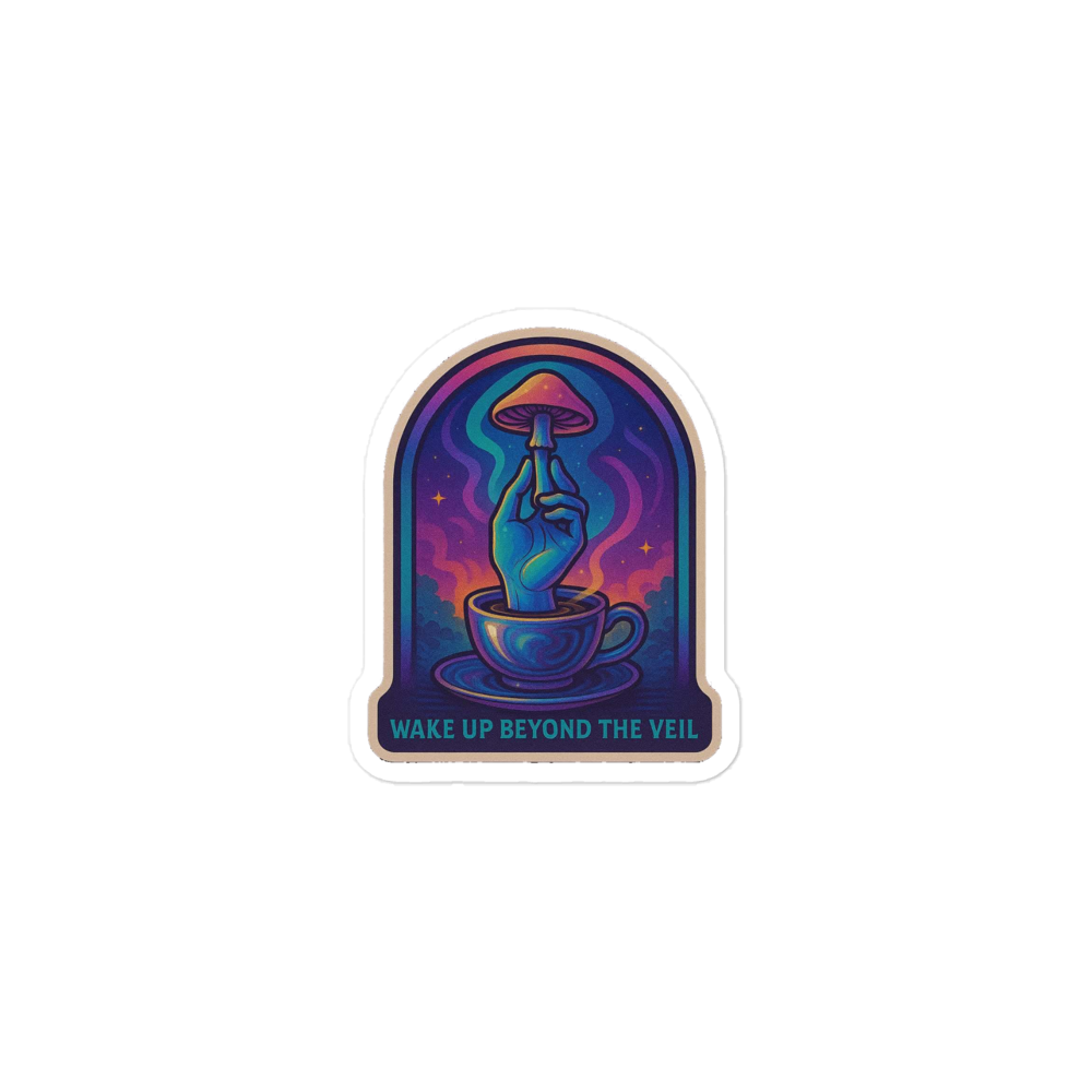 Sticker with a hand holding a coffee cup and mushroom design, text 'Wake Up Beyond the Veil' on a white background.