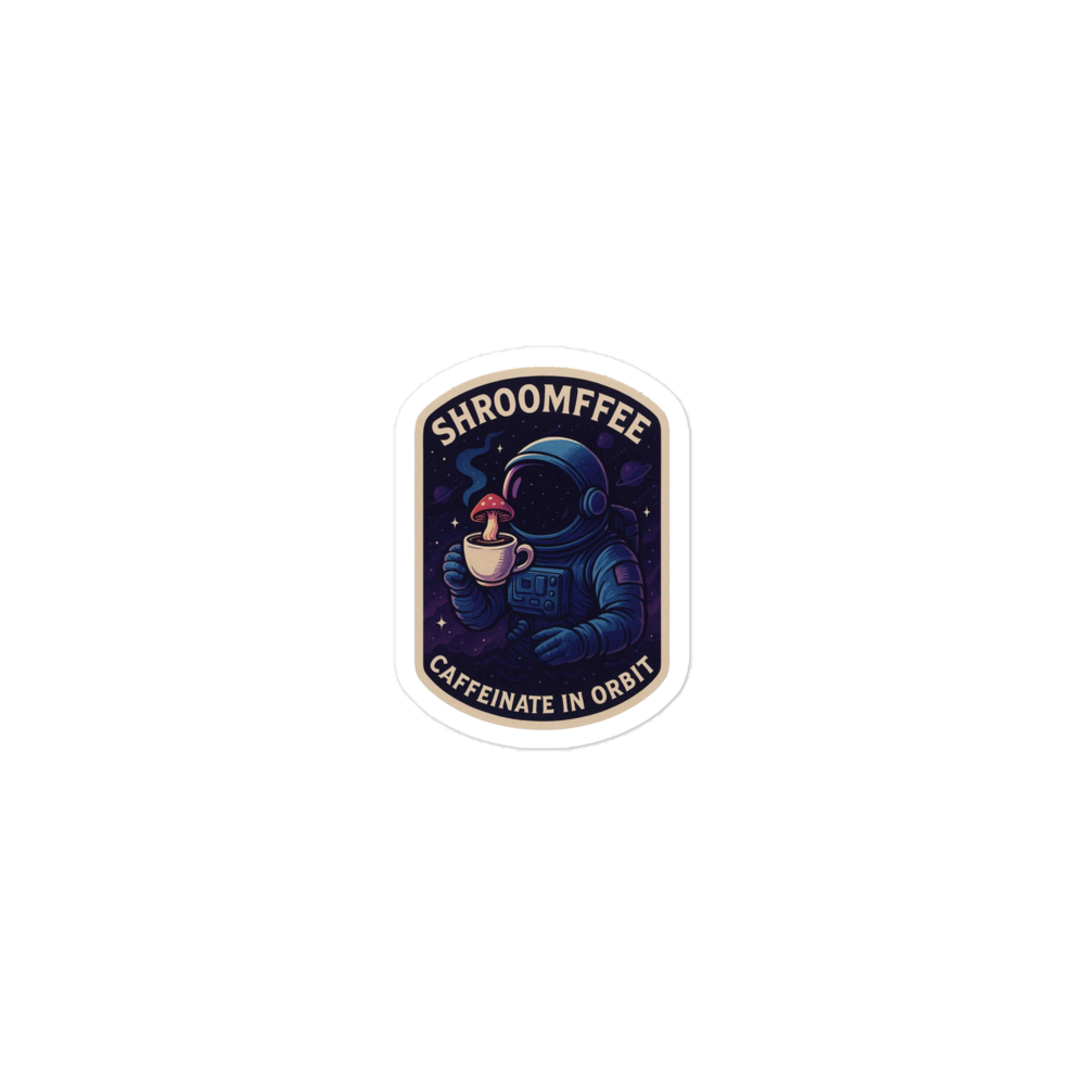 Sticker with an astronaut holding a coffee cup and 'Shroomffee' text on a white background