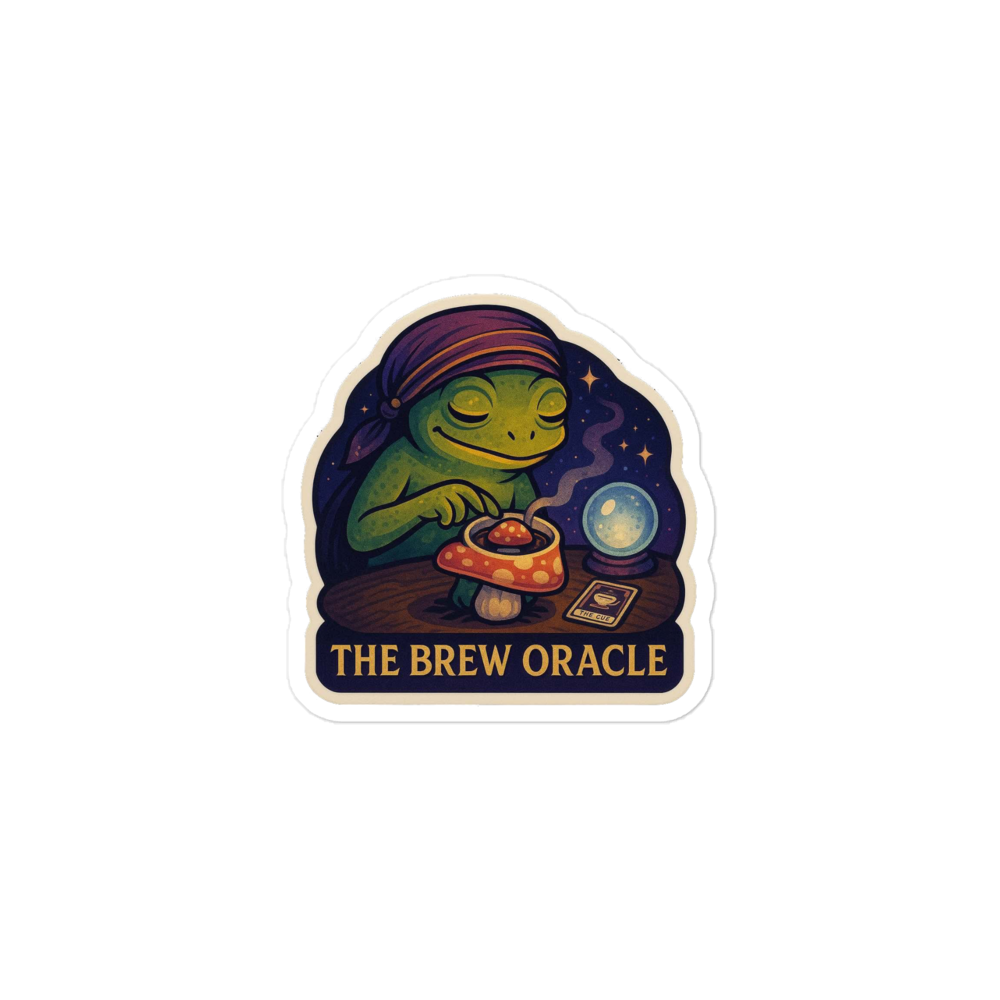 Sticker with a green alien character and 'The Brew Oracle' text on a white background
