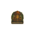 Sticker with mushroom design and 'SHROOMFFEE' text on a white background