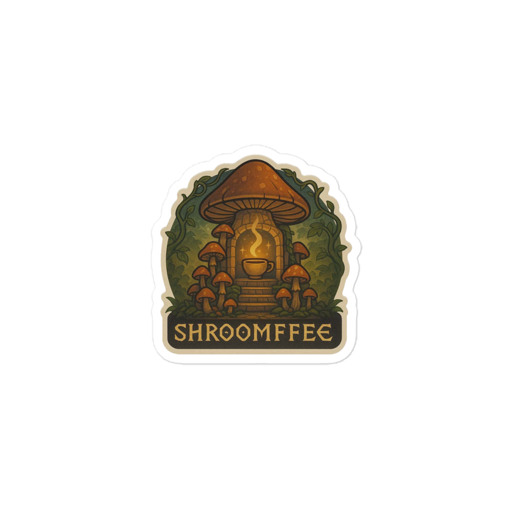 Sticker with mushroom design and 'SHROOMFFEE' text on a white background