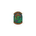 Sticker with an alien holding a cup and mushroom design, featuring the brand 'Shroomffee'.