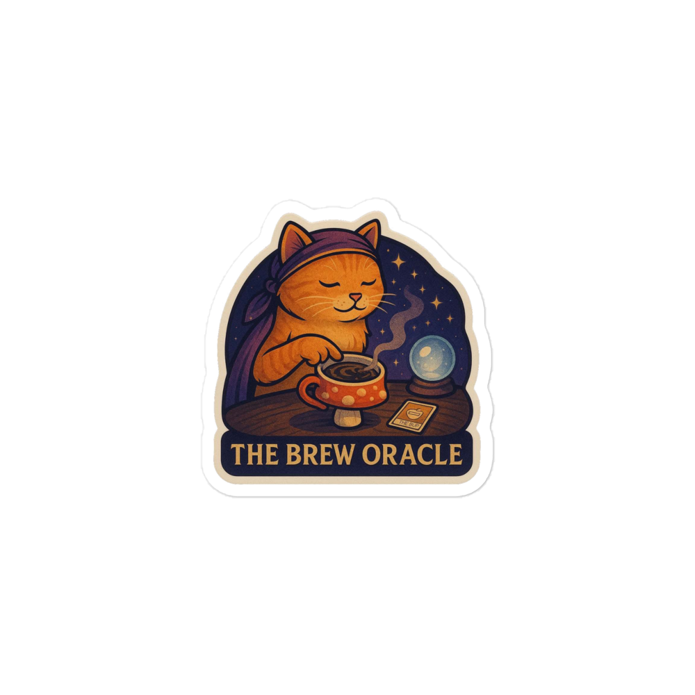 Sticker with a cat character holding a coffee cup and text 'The Brew Oracle' on a white background