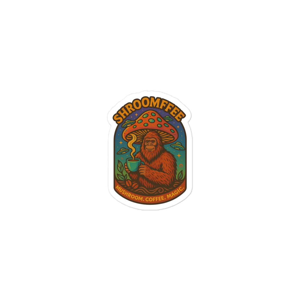 Sticker with a cartoon shroom and text 'Shroomffee' on a white background