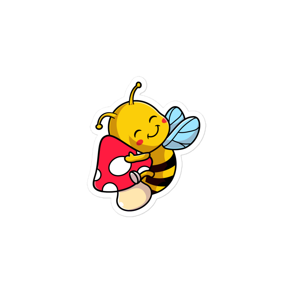 Cartoon bee holding a mushroom on a white background