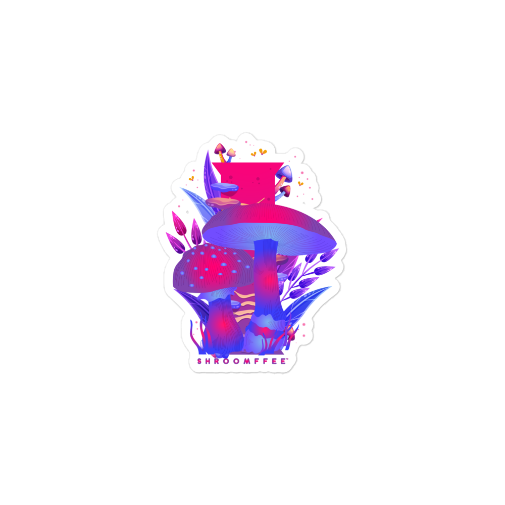 Colorful mushroom design with 'SHROOMFEE' branding on a white background