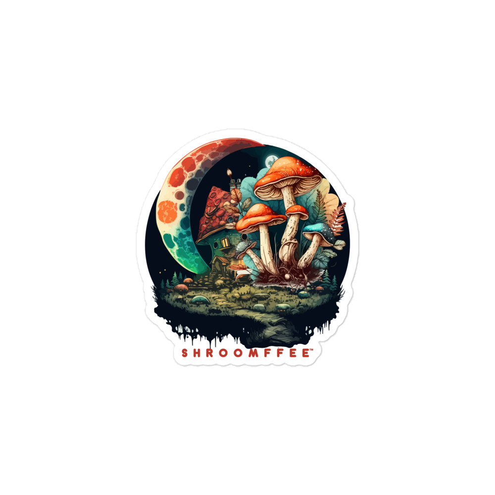 Sticker with mushroom design and 'SHROOMFEE' branding on a white background