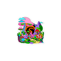Colorful mushroom and abstract design sticker on a white background