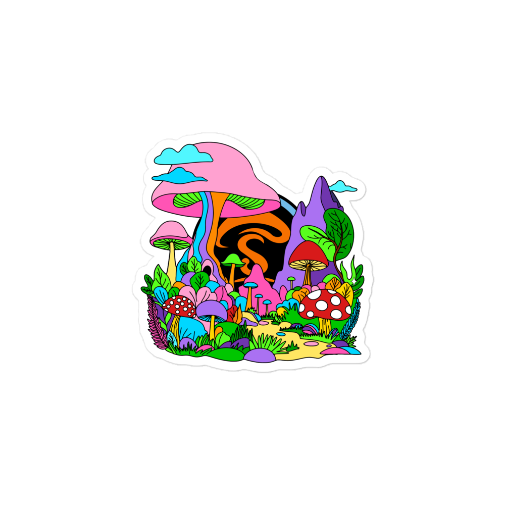 Colorful mushroom and abstract design sticker on a white background