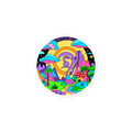 Colorful circular design with a dragon, rainbow, and mushrooms on a white background