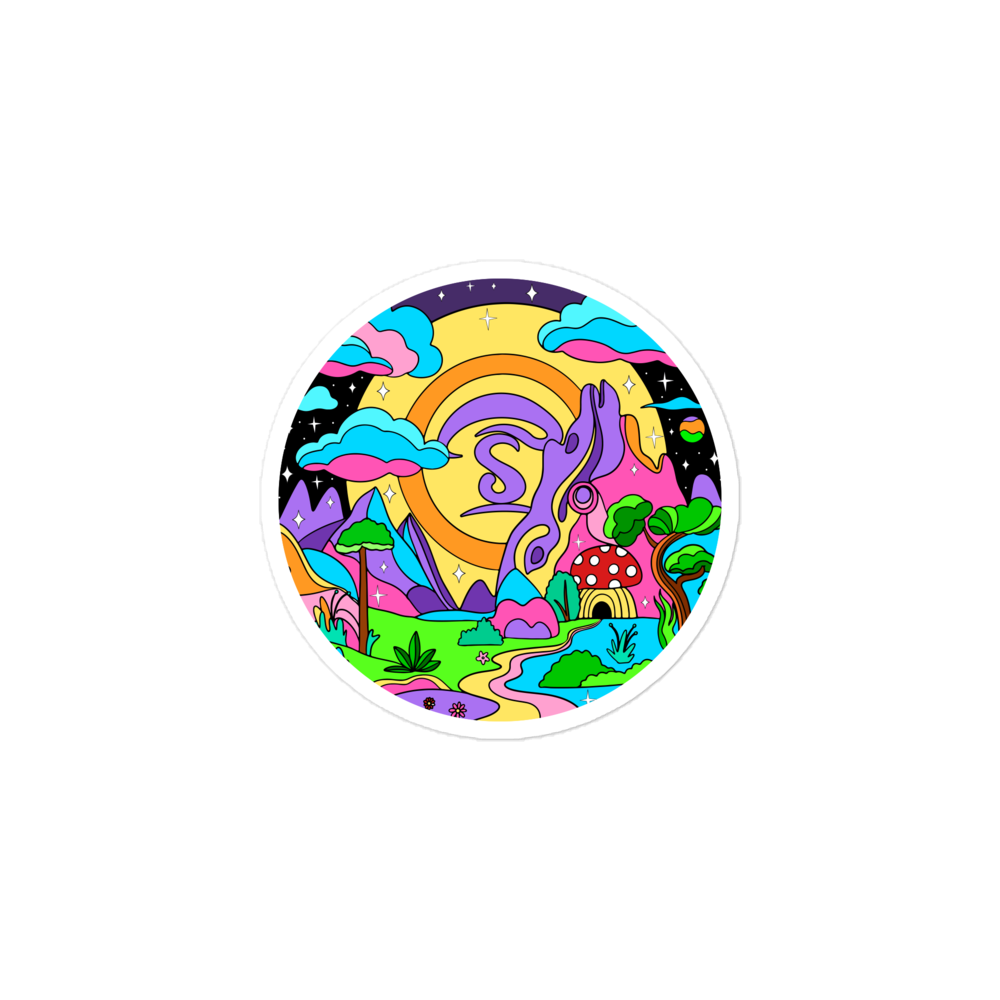Colorful circular design with a dragon, rainbow, and mushrooms on a white background