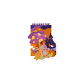 Halloween-themed sticker with a cartoon character, pumpkins, and a witch hat on a white background.