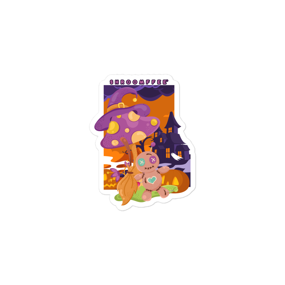 Halloween-themed sticker with a cartoon character, pumpkins, and a witch hat on a white background.