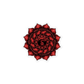 Red mandala design with a black center on a white background