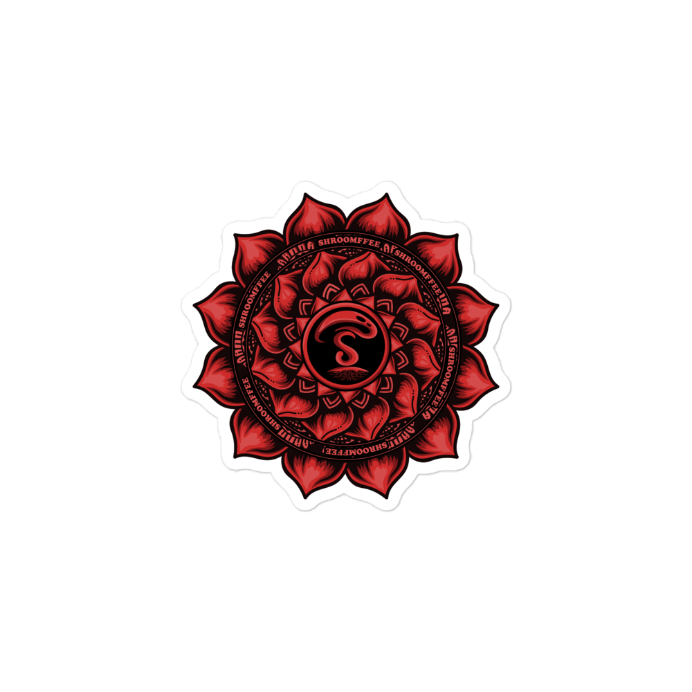 Red mandala design with a black center on a white background