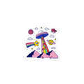 Colorful UFO-themed sticker with mountain and space elements on a white background