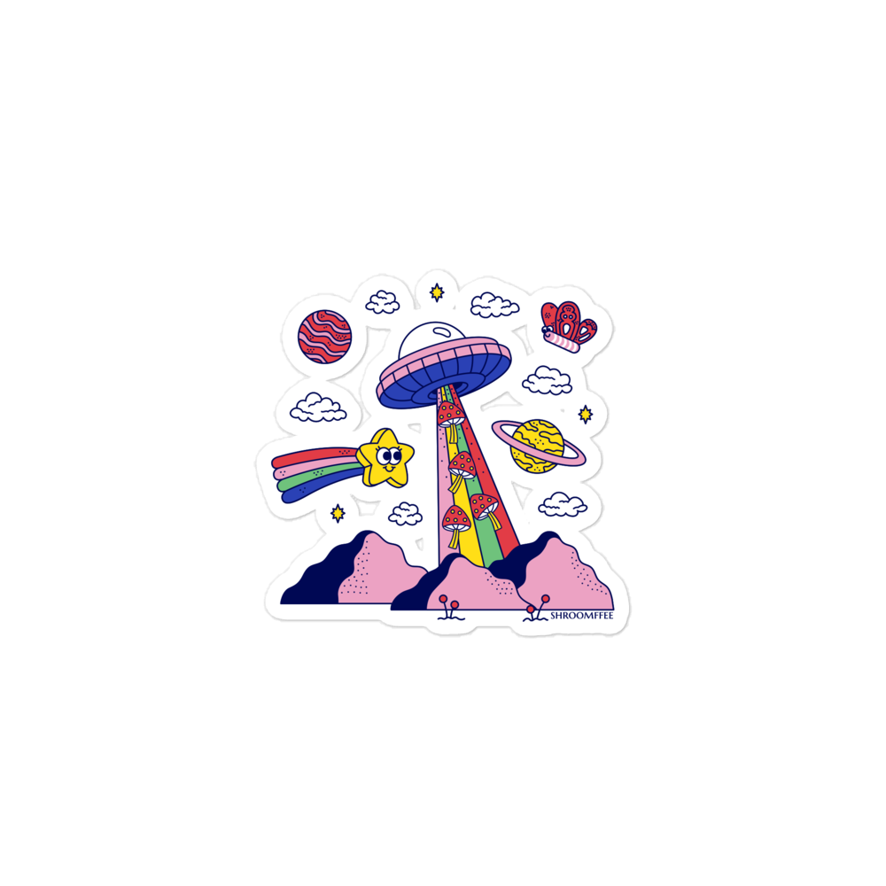 Colorful UFO-themed sticker with mountain and space elements on a white background
