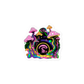 Colorful abstract design with mushrooms and swirls on a white background