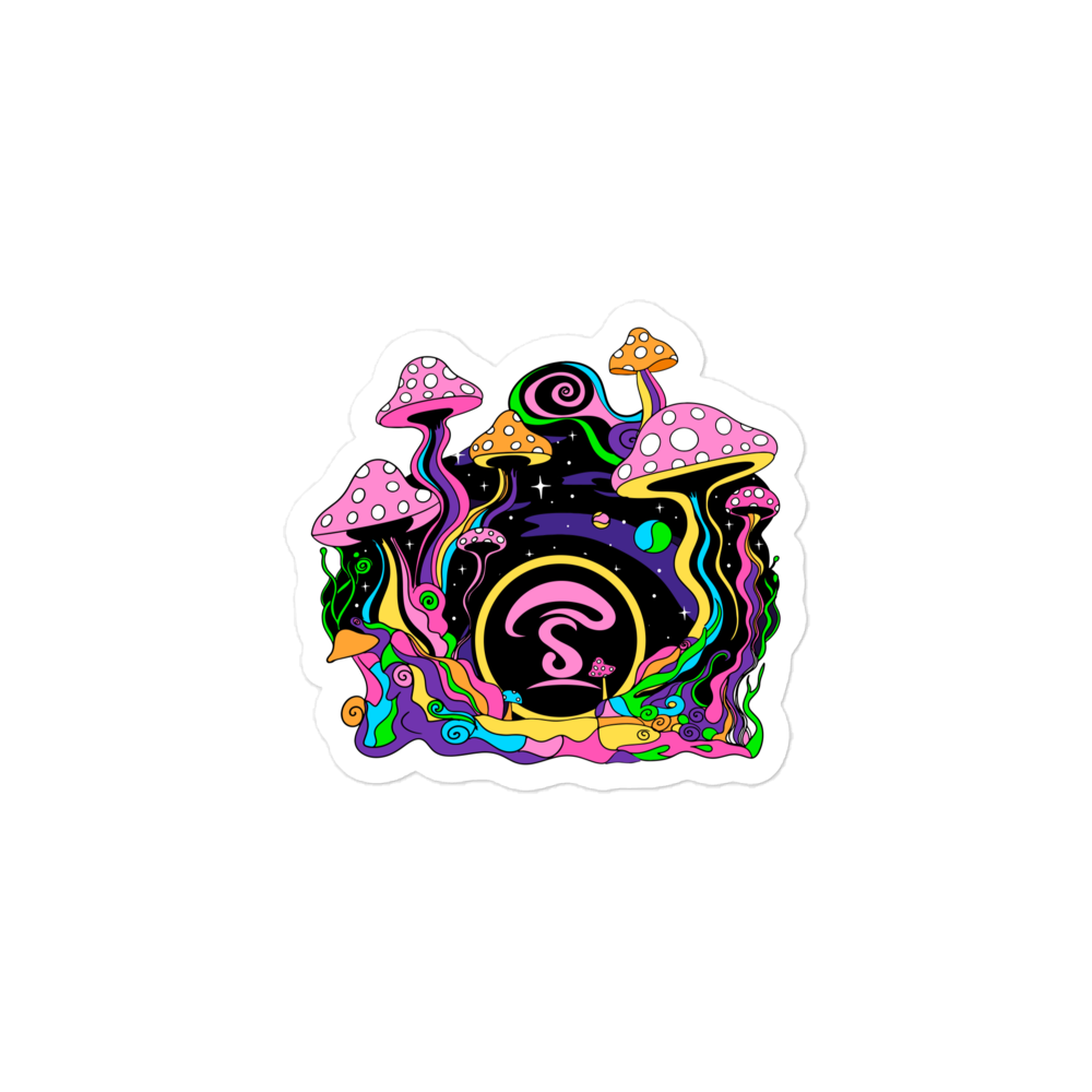 Colorful abstract design with mushrooms and swirls on a white background
