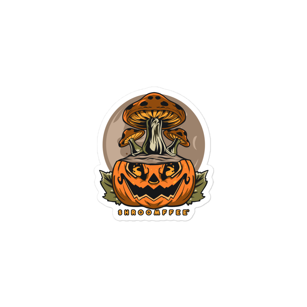 Sticker with a jack-o'-lantern and mushroom design on a white background