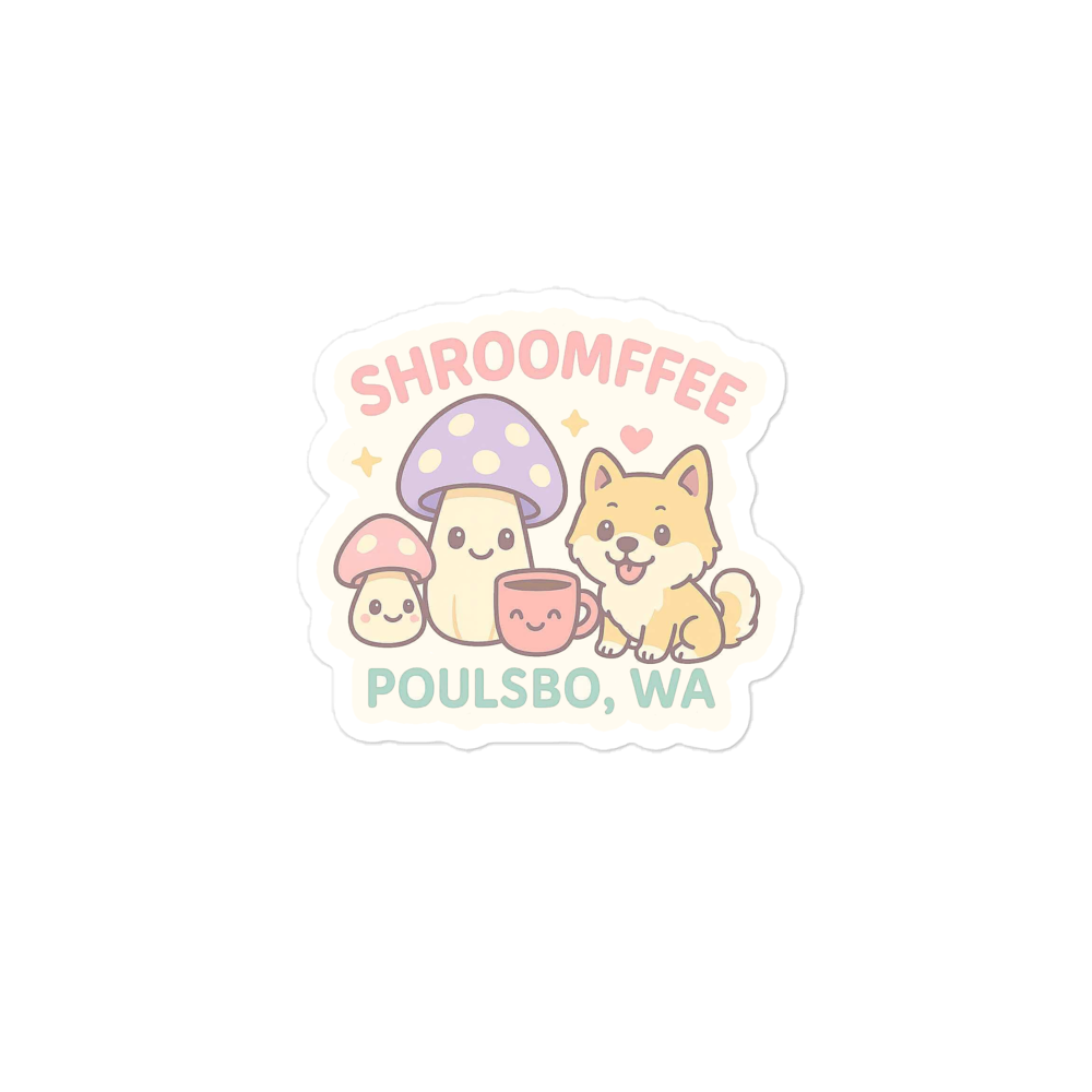 Sticker with cartoon dog, mushrooms, and a cup with 'SHROOMFEE' and 'POULSBO, WA' text on a white background.