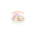 Sticker with cartoon cat, mushroom, and cup design with 'SHROOMFFEE POULSBO, WA' text on a white background.