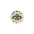 Round sticker with mushroom design and text 'Shroomffee Poulsbo, WA' on a white background